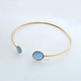 Elegant Blue Chalcedony Round Gemstone Cuff Bracelet-925 Sterling Silver Gold Plated Bangle-Gift for Her-Halloween Gift-Minimalist Jewelry